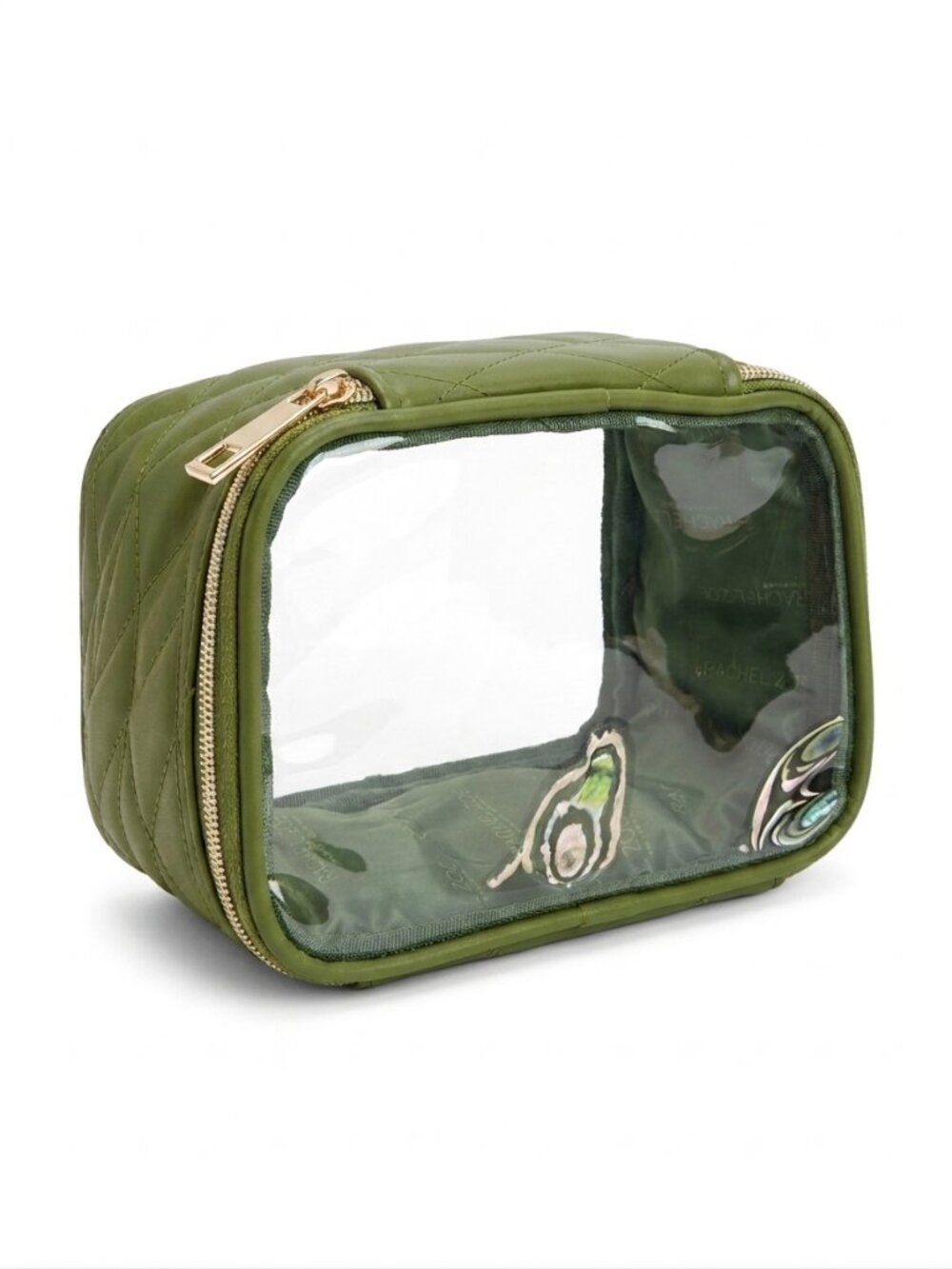 Rachel Zoe Olive Green Quilted Clear Cosmetic Case